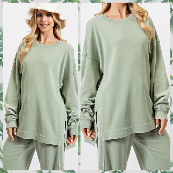 EASEL "So Comfy" Mineral Washed Tunic Top in Sage Statement Side Slits Crew Neck - Picture 8 of 14